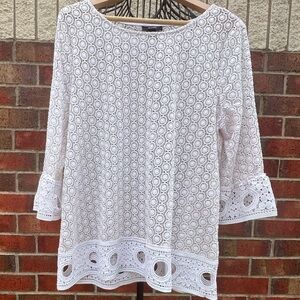 Alfani Crème White Lace Tunic 3/4 Sleeve Feminine Flowy BOHO Artsy Cottagecore L